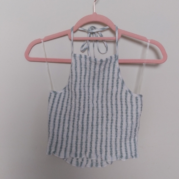 American Eagle Green and White Striped Linen Blend Halter Crop Top Size Small - Picture 2 of 8